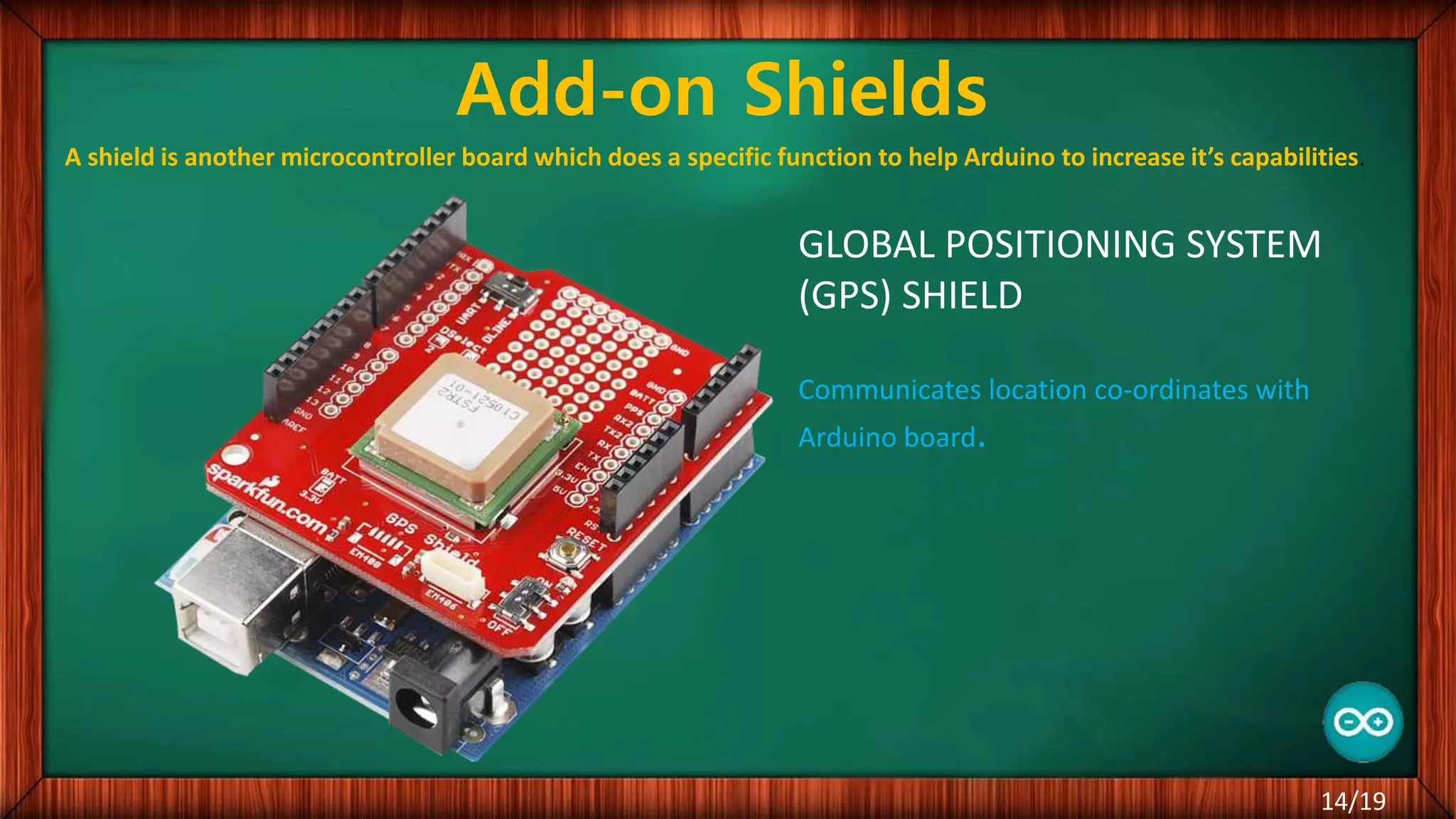 Add-on Shields GLOBAL POSITIONING SYSTEM (GPS) SHIELD Communicates location co-ordinates with Arduino board. 14/19 A shield is another microcontroller board which does a specific function to help Arduino to increase it’s capabilities. 
