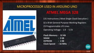 MICROPROCESSOR USED IN ARDUINO UNO
ATMEL MEGA 328
131 Instructions ( Most Single Clock Execution )
32 x 8-bit General Purpose Working Registers
23 Programmable I/O Lines
Operating Voltage : 1.8 - 5.5V
Flash Memory : 32 KB
SRAM : 2 KB
EEPROM : 1 KB
Clock Speed : 16 MHz
7/19
 