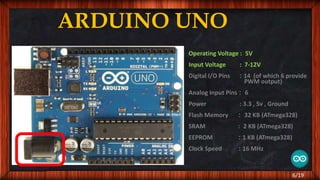 ARDUINO UNO
Operating Voltage : 5V
Input Voltage : 7-12V
Digital I/O Pins : 14 (of which 6 provide
PWM output)
Analog Input Pins : 6
Power : 3.3 , 5v , Ground
Flash Memory : 32 KB (ATmega328)
SRAM : 2 KB (ATmega328)
EEPROM : 1 KB (ATmega328)
Clock Speed : 16 MHz
6/19
 
