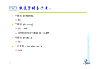  十進制 (decimal)
 123
 二進制 (binary)
 B1111011
 限用於表示8位元數值 (0 to 255)
 八進制 (octal)
 0173
 十六進制 (hexadecimal)
 0x7B
數值資料表示法 1/2
20
 