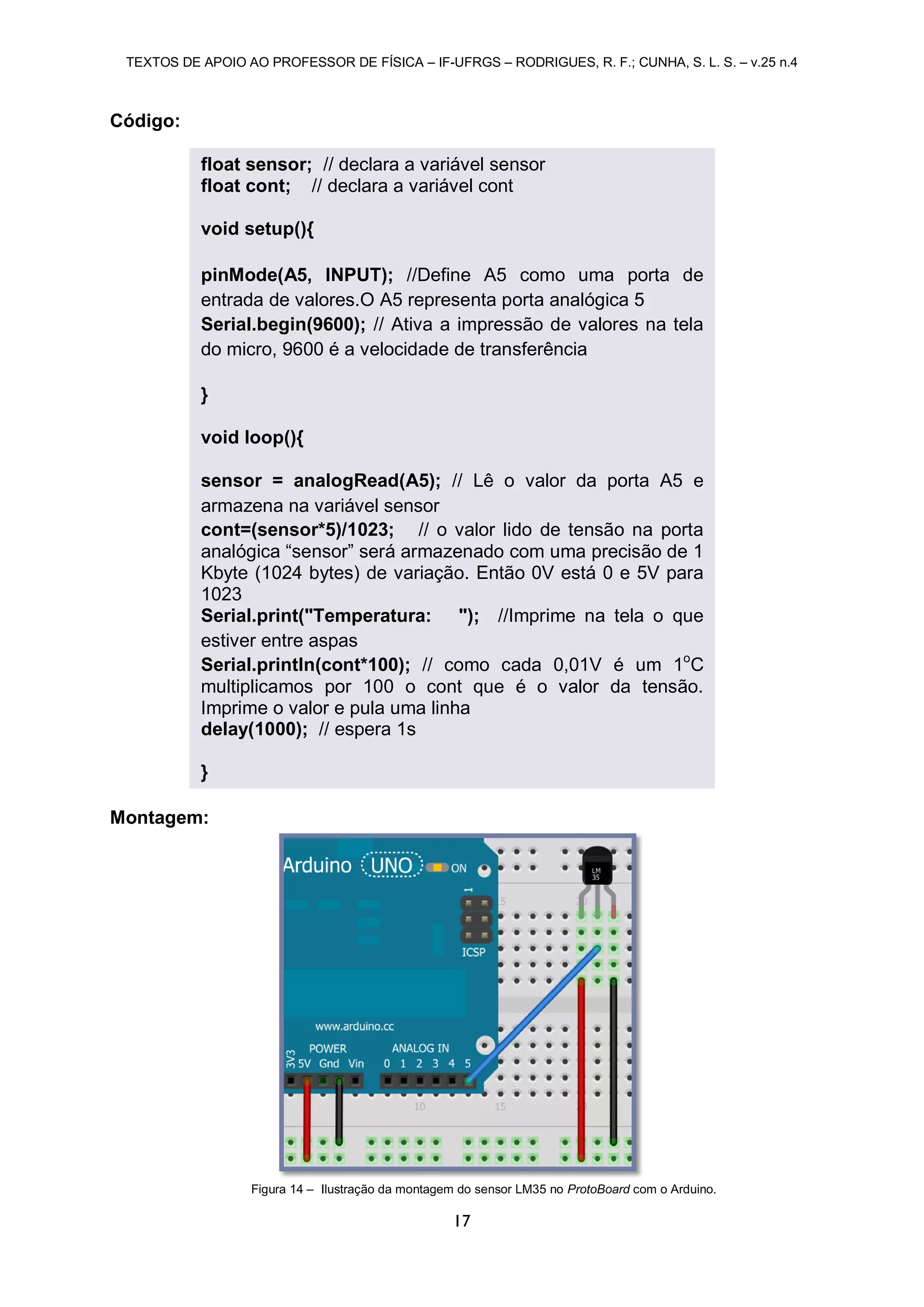 TEXTOS DE APOIO AO PROFESSOR DE FÍSICA – IF-UFRGS – RODRIGUES, R. F.; CUNHA, S. L. S. – v.25 n.4
17
Código:
Montagem:
Figura 14 – Ilustração da montagem do sensor LM35 no ProtoBoard com o Arduino.
float sensor; // declara a variável sensor
float cont; // declara a variável cont
void setup(){
pinMode(A5, INPUT); //Define A5 como uma porta de
entrada de valores.O A5 representa porta analógica 5
Serial.begin(9600); // Ativa a impressão de valores na tela
do micro, 9600 é a velocidade de transferência
}
void loop(){
sensor = analogRead(A5); // Lê o valor da porta A5 e
armazena na variável sensor
cont=(sensor*5)/1023; // o valor lido de tensão na porta
analógica “sensor” será armazenado com uma precisão de 1
Kbyte (1024 bytes) de variação. Então 0V está 0 e 5V para
1023
Serial.print("Temperatura: "); //Imprime na tela o que
estiver entre aspas
Serial.println(cont*100); // como cada 0,01V é um 1o
C
multiplicamos por 100 o cont que é o valor da tensão.
Imprime o valor e pula uma linha
delay(1000); // espera 1s
}
 