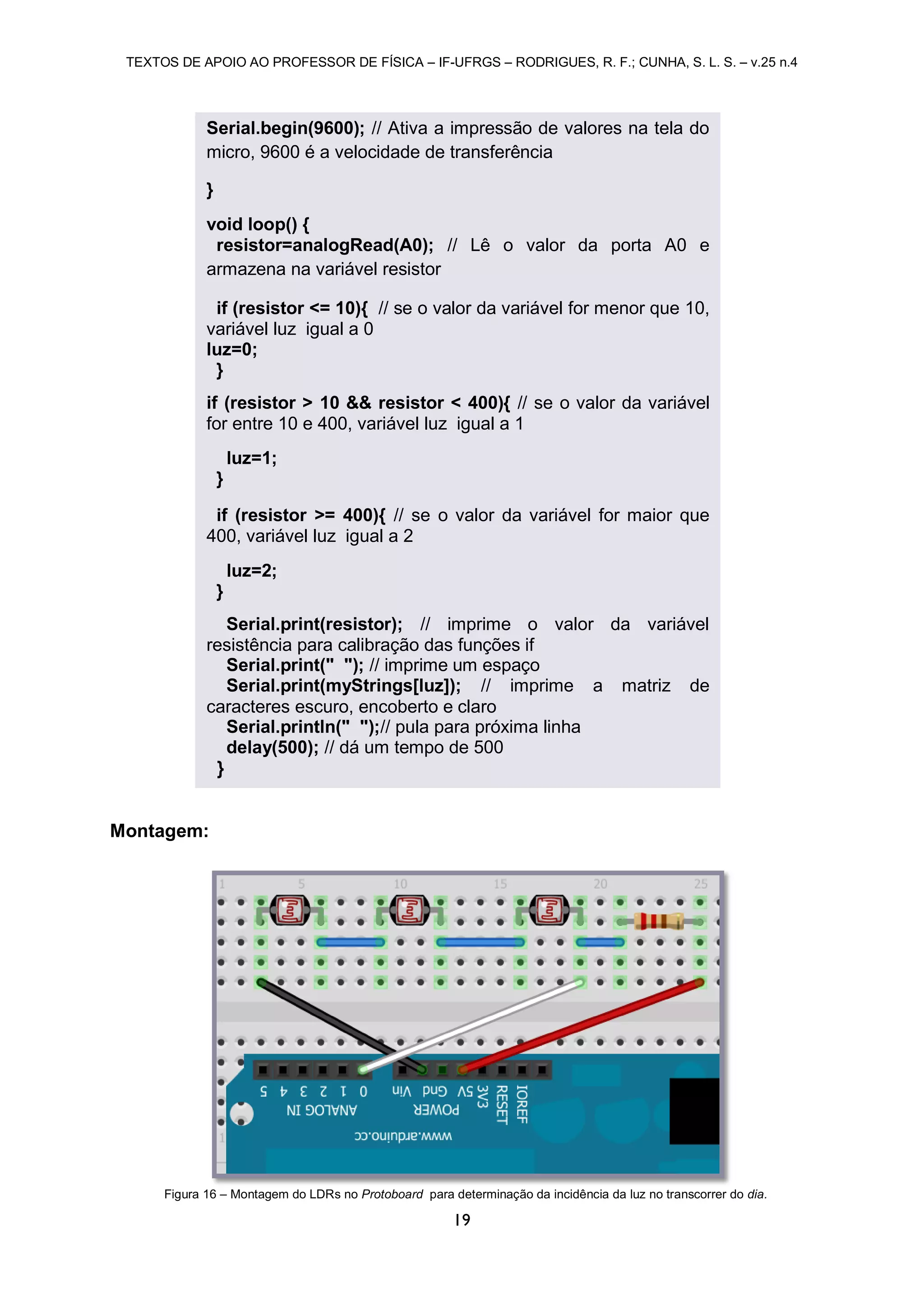 TEXTOS DE APOIO AO PROFESSOR DE FÍSICA – IF-UFRGS – RODRIGUES, R. F.; CUNHA, S. L. S. – v.25 n.4
19
Montagem:
Figura 16 – Montagem do LDRs no Protoboard para determinação da incidência da luz no transcorrer do dia.
Serial.begin(9600); // Ativa a impressão de valores na tela do
micro, 9600 é a velocidade de transferência
}
void loop() {
resistor=analogRead(A0); // Lê o valor da porta A0 e
armazena na variável resistor
if (resistor <= 10){ // se o valor da variável for menor que 10,
variável luz igual a 0
luz=0;
}
if (resistor > 10 && resistor < 400){ // se o valor da variável
for entre 10 e 400, variável luz igual a 1
luz=1;
}
if (resistor >= 400){ // se o valor da variável for maior que
400, variável luz igual a 2
luz=2;
}
Serial.print(resistor); // imprime o valor da variável
resistência para calibração das funções if
Serial.print(" "); // imprime um espaço
Serial.print(myStrings[luz]); // imprime a matriz de
caracteres escuro, encoberto e claro
Serial.println(" ");// pula para próxima linha
delay(500); // dá um tempo de 500
}
 