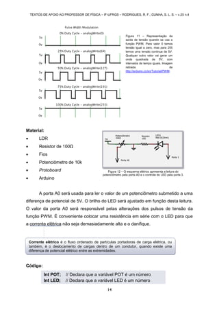 TEXTOS DE APOIO AO PROFESSOR DE FÍSICA – IF-UFRGS – RODRIGUES, R. F.; CUNHA, S. L. S. – v.25 n.4
14
Material:
 LDR
 Resistor de 100Ω
 Fios
 Potenciômetro de 10k
 Protoboard
 Arduino
A porta A0 será usada para ler o valor de um potenciômetro submetido a uma
diferença de potencial de 5V. O brilho do LED será ajustado em função desta leitura.
O valor da porta A0 será responsável pelas alterações dos pulsos de tensão da
função PWM. É conveniente colocar uma resistência em série com o LED para que
a corrente elétrica não seja demasiadamente alta e o danifique.
Código:
Figura 12 – O esquema elétrico apresenta a leitura do
potenciômetro pela porta A0 e o controle do LED pela porta 3.
Figura 11 – Representação da
saída de tensão quando se usa a
função PWM. Para valor 0 temos
tensão igual a zero, mas para 255
temos uma tensão continua de 5V.
Qualquer outro valor vai gerar um
onda quadrada de 5V, com
intervalos de tempo iguais. Imagem
retirada de
http://arduino.cc/en/Tutorial/PWM.
Int POT; // Declara que a variável POT é um número
Int LED; // Declara que a variável LED é um número
Corrente elétrico é o fluxo ordenado de partículas portadoras de carga elétrica, ou
também, é o deslocamento de cargas dentro de um condutor, quando existe uma
diferença de potencial elétrico entre as extremidades.
 