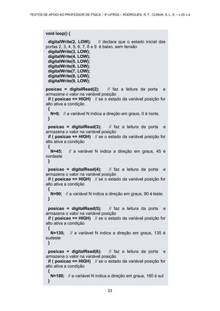 TEXTOS DE APOIO AO PROFESSOR DE FÍSICA – IF-UFRGS – RODRIGUES, R. F.; CUNHA, S. L. S. – v.25 n.4
23
void loop() {
digitalWrite(2, LOW); // declara que o estado inicial das
portas 2, 3, 4, 5, 6, 7, 8 e 9 é baixo, sem tensão
digitalWrite(3, LOW);
digitalWrite(4, LOW);
digitalWrite(5, LOW);
digitalWrite(6, LOW);
digitalWrite(7, LOW);
digitalWrite(8, LOW);
digitalWrite(9, LOW);
posicao = digitalRead(2); // faz a leitura da porta e
armazena o valor na variável posição
if ( posicao == HIGH) // se o estado da variável posição for
alto ativa a condição
{
N=0; // a variável N indica a direção em graus, 0 é norte.
}
posicao = digitalRead(3); // faz a leitura da porta e
armazena o valor na variável posição
if ( posicao == HIGH) // se o estado da variável posição for
alto ativa a condição
{
N=45; // a variável N indica a direção em graus, 45 é
nordeste
}
posicao = digitalRead(4); // faz a leitura da porta e
armazena o valor na variável posição
if ( posicao == HIGH) // se o estado da variável posição for
alto ativa a condição
{
N=90; // a variável N indica a direção em graus, 90 é leste.
}
posicao = digitalRead(5); // faz a leitura da porta e
armazena o valor na variável posição
if ( posicao == HIGH) // se o estado da variável posição for
alto ativa a condição
{
N=135; // a variável N indica a direção em graus, 135 é
sudeste
}
posicao = digitalRead(6); // faz a leitura da porta e
armazena o valor na variável posição
if ( posicao == HIGH) // se o estado da variável posição for
alto ativa a condição
{
N=180; // a variável N indica a direção em graus, 180 é sul
}
 