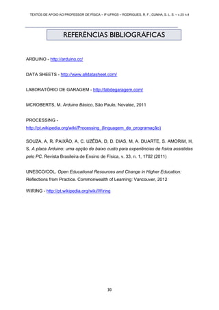 TEXTOS DE APOIO AO PROFESSOR DE FÍSICA – IF-UFRGS – RODRIGUES, R. F.; CUNHA, S. L. S. – v.25 n.4
30
ARDUINO - http://arduino.cc/
DATA SHEETS - http://www.alldatasheet.com/
LABORATÓRIO DE GARAGEM - http://labdegaragem.com/
MCROBERTS, M. Arduino Básico, São Paulo, Novatec, 2011
PROCESSING -
http://pt.wikipedia.org/wiki/Processing_(linguagem_de_programação)
SOUZA, A, R. PAIXÃO, A, C. UZÊDA, D, D. DIAS, M, A. DUARTE, S. AMORIM, H,
S. A placa Arduino: uma opção de baixo custo para experiências de física assistidas
pelo PC. Revista Brasileira de Ensino de Física, v. 33, n. 1, 1702 (2011)
UNESCO/COL. Open Educational Resources and Change in Higher Education:
Reflections from Practice. Commonwealth of Learning: Vancouver, 2012
WIRING - http://pt.wikipedia.org/wiki/Wiring
REFERÊNCIAS BIBLIOGRÁFICAS
 