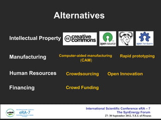 Alternatives

Intellectual Property


                    Computer-aided manufacturing          Rapid prototyping
Manufacturing
                               (CAM)


Human Resources         Crowdsourcing           Open Innovation


Financing               Crowd Funding



                                  International Scientific Conference eRA C 7
                                                        The SynEnergy Forum
                                              27- 30 September 2012, T.E.I. of Piraeus
 
