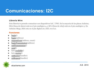 Comunicaciones: I2C
elcacharreo.com A.B. 2014
Librería Wire
Esta librería te permite comunicar con dispositivos I2C / TWI....