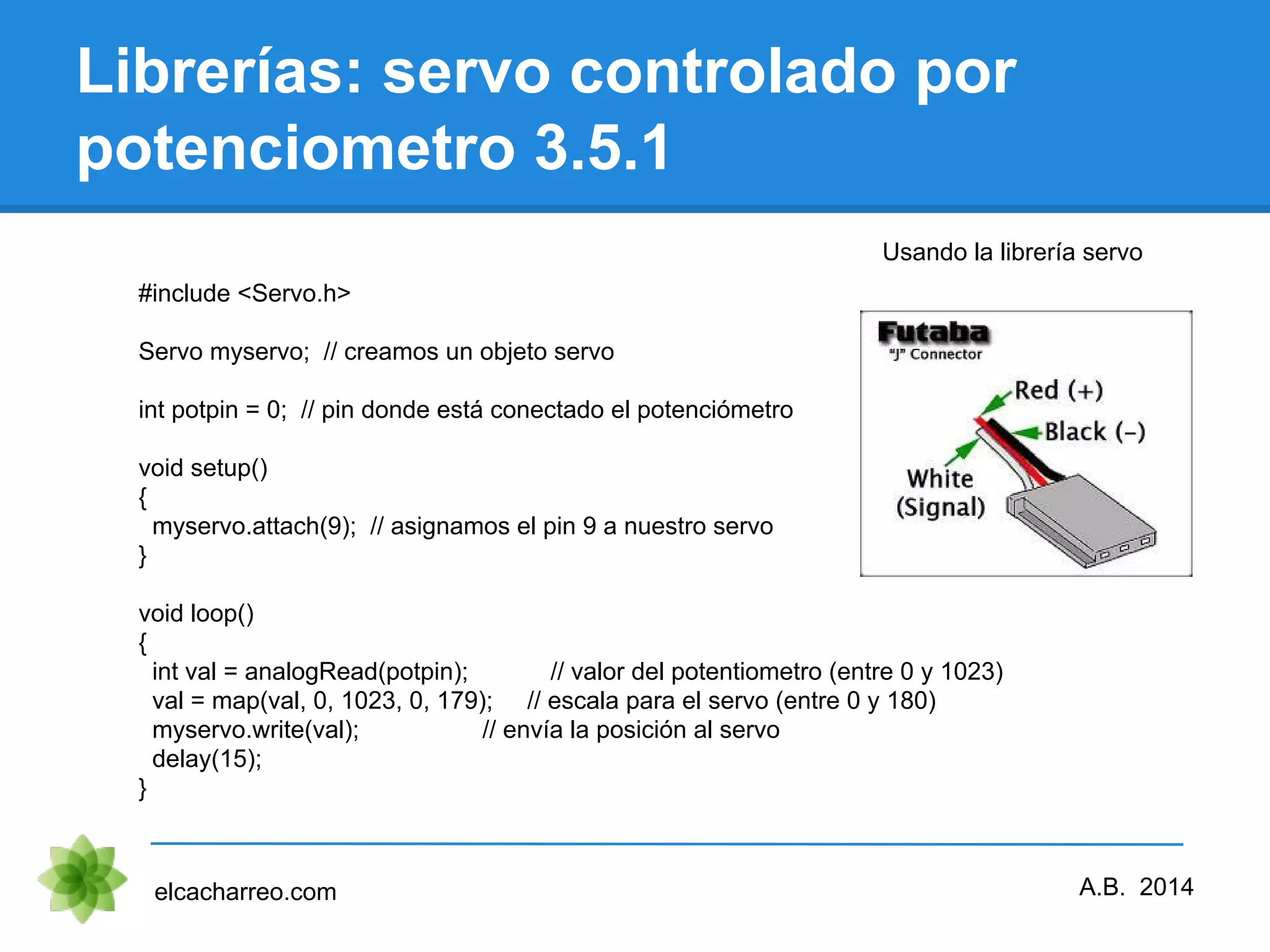 Librerías: servo controlado por potenciometro 3.5.1 elcacharreo.com A.B. 2014 Usando la librería servo #include <Servo.h> Servo myservo; // creamos un objeto servo int potpin = 0; // pin donde está conectado el potenciómetro void setup() { myservo.attach(9); // asignamos el pin 9 a nuestro servo } void loop() { int val = analogRead(potpin); // valor del potentiometro (entre 0 y 1023) val = map(val, 0, 1023, 0, 179); // escala para el servo (entre 0 y 180) myservo.write(val); // envía la posición al servo delay(15); } 