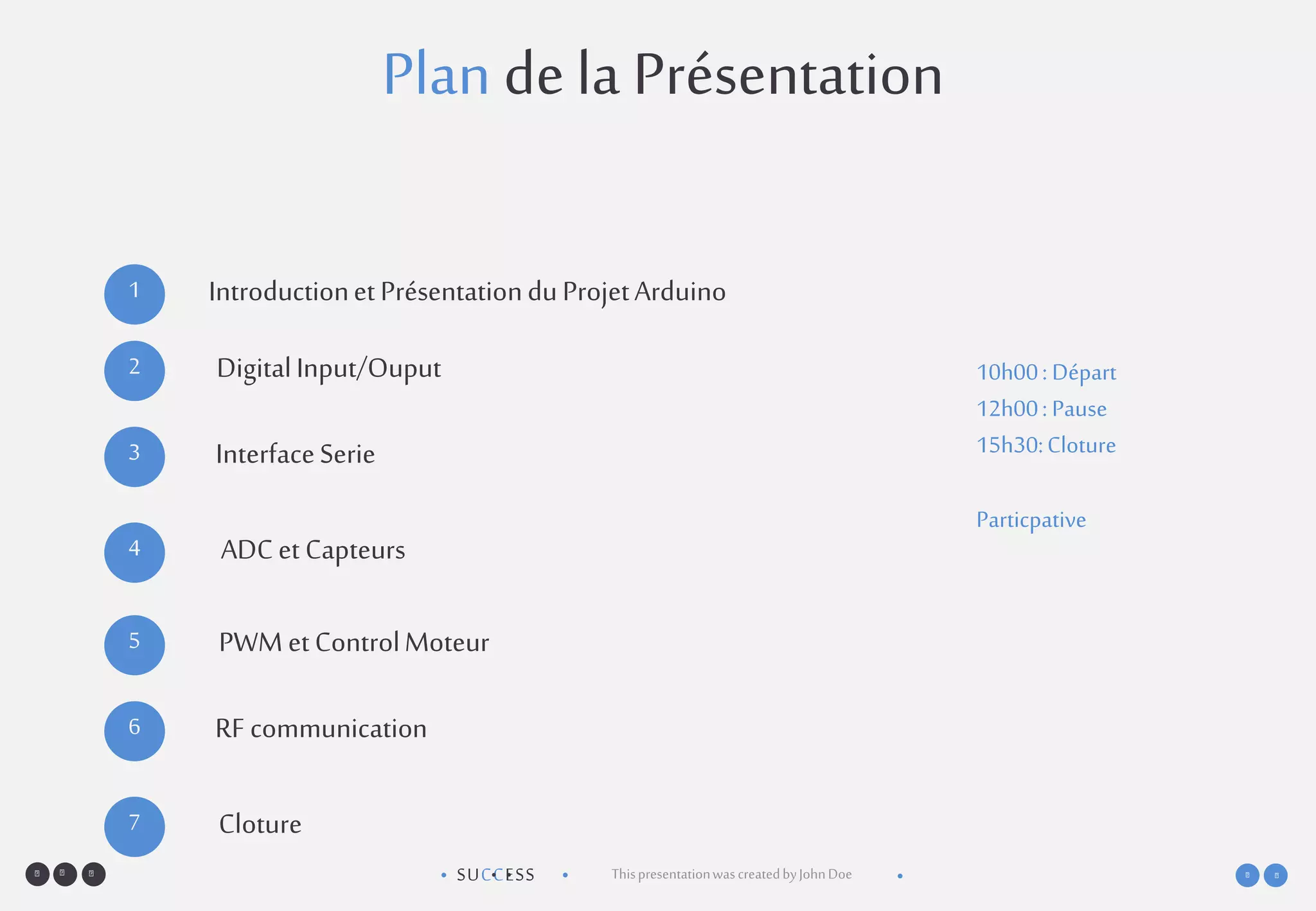 SUCCESS• •• • ThispresentationwascreatedbyJohnDoe •
Plan de la Présentation
1 IntroductionetPrésentationduProjetArduino
2 DigitalInput/Ouput
3 InterfaceSerie
4 ADCet Capteurs
5 PWM etControlMoteur
6 RF communication
7 Cloture
10h00: Départ
12h00: Pause
15h30:Cloture
Particpative
 