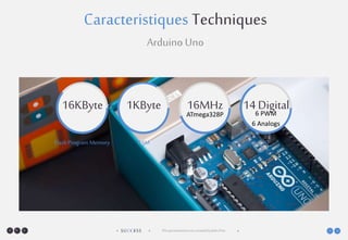 SUCCESS• •• • ThispresentationwascreatedbyJohnDoe •
Caracteristiques Techniques
Arduino Uno
16KByte 1KByte 16MHz
ATmega328P
14 Digital
Flash Program Memory RAM CPU IO
6 PWM
6 Analogs
 