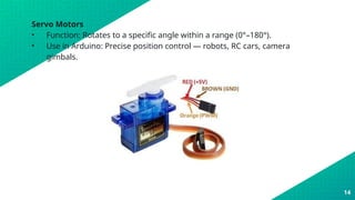 Servo Motors
• Function: Rotates to a specific angle within a range (0°–180°).
• Use in Arduino: Precise position control — robots, RC cars, camera
gimbals.
14
 