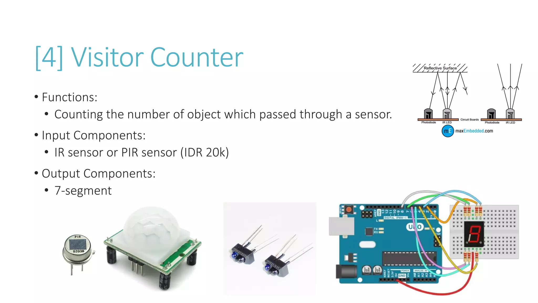 [4] Visitor Counter
• Functions:
• Counting the number of object which passed through a sensor.
• Input Components:
• IR sensor or PIR sensor (IDR 20k)
• Output Components:
• 7-segment
 