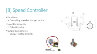 [8] Speed Controller
• Functions:
• Controlling speed of stepper motor
• Input Components:
• Potentiometer
• Output Components:
• Stepper motor (IDR 30k)
 