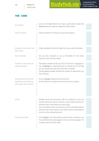 Just as in the earlier Mood Cue Project, you’ll need to import the
Servo library and create an instance to use the motor.
Create constants to name your inputs and outputs.
Create variables to hold the values from your switch and piezo.
Set up some constants to use as thresholds for the knock
maximum and minimum levels.
The locked variable will let you know if the lock is enganged or
not. A boolean is a data type that can only be true (1) or false
(0). You should start with the mechanism unlocked.
The last global variable will hold the number of valid knocks you
have received.
In your setup(), attach the servo to pin 9.
Set the LED pins as outputs and the switch pins as inputs.
Initialize serial communication with the computer so you can
monitor the knock volume, what the current state of the lock is,
and how many more knocks you have to go.
Turn on the green LED, move the servo to the unlocked position,
and print the current status to the serial monitor indicating the
circuit is in the unlocked position.
In the loop(), you’ll first check to see if the box is locked or not.
This will determine what happens in the rest of the program. If it
is locked, read the switch value.
THE CODE
Servo library
Useful constants
Variables to hold switch and
piezo values
Knock tresholds
Variables for lock state and
number of knocks
Setting the direction of the
digital pins and initializing
servo object and serial port
Unlock
Checking the switch
128
Knock Lock
Project 12
 
