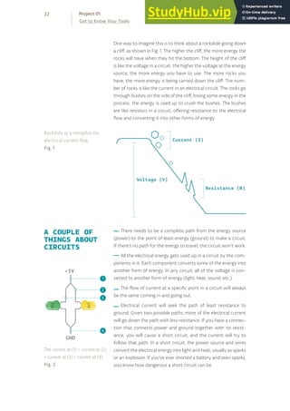 One way to imagine this is to think about a rockslide going down
a cliff, as shown in Fig. 1. The higher the cliff, the more energy the
rocks will have when they hit the bottom. The height of the cliff
is like the voltage in a circuit: the higher the voltage at the energy
source, the more energy you have to use. The more rocks you
have, the more energy is being carried down the cliff. The num-
ber of rocks is like the current in an electrical circuit. The rocks go
through bushes on the side of the cliff, losing some energy in the
process; the energy is used up to crush the bushes. The bushes
are like resistors in a circuit, offering resistance to the electrical
flow and converting it into other forms of energy.
There needs to be a complete path from the energy source
(power) to the point of least energy (ground) to make a circuit.
If there’s no path for the energy to travel, the circuit won’t work.
All the electrical energy gets used up in a circuit by the com-
ponents in it. Each component converts some of the energy into
another form of energy. In any circuit, all of the voltage is con-
verted to another form of energy (light, heat, sound, etc.).
The flow of current at a specific point in a circuit will always
be the same coming in and going out.
Electrical current will seek the path of least resistance to
ground. Given two possible paths, more of the electrical current
will go down the path with less resistance. If you have a connec-
tion that connects power and ground together with no resist-
ance, you will cause a short circuit, and the current will try to
follow that path. In a short circuit, the power source and wires
convert the electrical energy into light and heat, usually as sparks
or an explosion. If you’ve ever shorted a battery and seen sparks,
you know how dangerous a short circuit can be.
Voltage (V)
Resistance (R)
Current (I)
22
Get to Know Your Tools
Project 01
A COUPLE OF
THINGS ABOUT
CIRCUITS
Rockslide as a metaphor for
electrical current flow.
Fig. 1
The current at (1) = current at (2)
+ current at (3) = current at (4).
Fig. 2
5V
1
+5V
GND
2
1
4
3
 