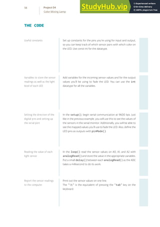 Set up constants for the pins you’re using for input and output,
so you can keep track of which sensor pairs with which color on
the LED. Use const int for the datatype.
Add variables for the incoming sensor values and for the output
values you’ll be using to fade the LED. You can use the int
datatype for all the variables.
In the setup(), begin serial communication at 9600 bps. Just
like in the previous example, you will use this to see the values of
the sensors in the serial monitor. Additionally, you will be able to
see the mapped values you’ll use to fade the LED. Also, define the
LED pins as outputs with pinMode().
In the loop() read the sensor values on A0, A1, and A2 with
analogRead() and store the value in the appropriate variables.
Put a small delay() between each analogRead() as the ADC
takes a millisecond to do its work.
Print out the sensor values on one line.
The “t” is the equivalent of pressing the “tab” key on the
keyboard.
THE CODE
Report the sensor readings
to the computer
Useful constants
Variables to store the sensor
readings as well as the light
level of each LED
Setting the direction of the
digital pins and setting up
the serial port
Reading the value of each
light sensor
56
Color Mixing Lamp
Project 04
 