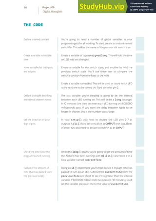 You’re going to need a number of global variables in your
program to get this all working. To start, create a constant named
switchPin. This will be the name of the pin your tilt switch is on.
Create a variable of type unsigned long, This will hold the time
an LED was last changed.
Create a variable for the switch state, and another to hold the
previous switch state. You’ll use these two to compare the
switch’s position from one loop to the next.
Create a variable named led. This will be used to count which LED
is the next one to be turned on. Start out with pin 2.
The last variable you’re creating is going to be the interval
between each LED turning on. This will be be a long datatype.
In 10 minutes (the time between each LED turning on) 600,000
milliseconds pass. If you want the delay between lights to be
longer or shorter, this is the number you change.
In your setup(), you need to declare the LED pins 2-7 as
outputs. A for() loop declares all six as OUTPUT with just 3 lines
of code. You also need to declare switchPin as an INPUT.
When the loop() starts, you’re going to get the amount of time
the Arduino has been running with millis() and store it in a
local variable named currentTime.
Using an if() statement, you’ll check to see if enough time has
passed to turn on an LED. Subtract the currentTime from the
previousTime and check to see if it is greater than the interval
variable. If 600,000 milliseconds have passed (10 minutes), you’ll
set the variable previousTime to the value of currentTime.
THE CODE
Set the direction of your
digital pins
Check the time since the
program started running
Evaluate the amount of
time that has passed since
the previous loop()
Declare a named constant
Create a variable to hold the
time
Name variables for the inputs
and outputs
Declare a variable describing
the interval between events
90
Digital Hourglass
Project 08
 
