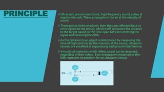 PRINCIPLE Ultrasonic sensors emit short, high-frequency sound pulses at
regular intervals.These propagate in the air at the velocity of
sound.
These pulses strike an object, then they are reflected back as
echo signals to the sensor, which itself computes the distance
to the target based on the time-span between emitting the
signal and receiving the echo.
As the distance to an object is determined by measuring the
time of flight and not by the intensity of the sound, ultrasonic
sensors are excellent at suppressing background interference.
Virtually all materials which reflect sound can be detected,
regardless of their colour. Even transparent materials or thin
foils represent no problem for an ultrasonic sensor.
 
