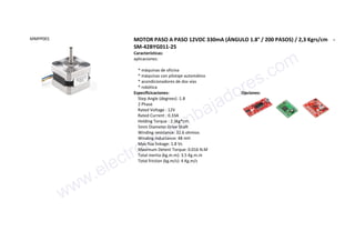 MMPP001 MOTOR PASO A PASO 12VDC 330mA (ÁNGULO 1.8° / 200 PASOS) / 2,3 Kgrs/cm -
SM-42BYG011-25
Características:
aplicaciones:
* máquinas de oficina
* máquinas con pilotaje automático
* acondicionadores de dos vías
* robótica
Especificicaciones:
Step Angle (degrees) :1.8
2 Phase
Rated Voltage : 12V
Rated Current : 0.33A
Holding Torque : 2.3kg*cm
5mm Diameter Drive Shaft
Winding resistance: 32.6 ohmios
Winding inductance: 48 mH
Max flux linkage: 1.8 Vs
Maximum Detent Torque: 0.016 N.M
Total inertia (kg.m.m): 3.5 Kg.m.m
Total friction (kg.m/s): 4 Kg.m/s
Opciones:
www.electronicaembajadores.com
 