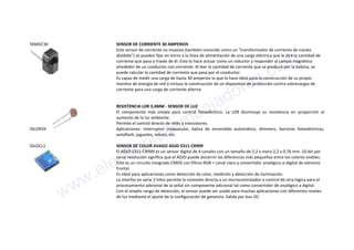 SSMGC30 SENSOR DE CORRIENTE 30 AMPERIOS
Este sensor de corriente no invasiva (también conocido como un "transformador de corriente de núcleo
dividido") se pueden fijar en torno a la línea de alimentación de una carga eléctrica que le dirá la cantidad de
corriente que pasa a través de él. Esto lo hace actuar como un inductor y responder al campo magnético
alrededor de un conductor con corriente. Al leer la cantidad de corriente que se produce por la bobina, se
puede calcular la cantidad de corriente que pasa por el conductor.
Es capaz de medir una carga de hasta 30 amperios lo que lo hace ideal para la construcción de su propio
monitor de energía de red ó incluso la construcción de un dispositivo de protección contra sobrecargas de
corriente para una carga de corriente alterna
SSLDR34
RESISTENCIA LDR 3,4MM - SENSOR DE LUZ
El componente más simple para control fotoeléctrico. La LDR disminuye su resistencia en proporción al
aumento de la luz ambiente.
Permite el control directo de relés y transistores.
Aplicaciones: interruptor crepuscular, baliza de encendido automático, dimmers, barreras fotoeléctricas,
autoflash, juguetes, robots, etc.
SSLDCL1 SENSOR DE COLOR AVAGO ADJD-S311-CR999
El ADJD-S311-CR999 es un sensor digital de 4 canales con un tamaño de 2,2 x mero 2,2 x 0,76 mm. 10-bit por
canal resolución significa que el ADJD puede discernir las diferencias más pequeñas entre los colores visibles.
Este es un circuito integrado CMOS con filtros RGB + canal claro y convertidor analógico-a-digital de extremo
frontal.
Es ideal para aplicaciones como detección de color, medición y detección de iluminación.
La interfaz en serie 2-hilos permite la conexión directa a un microcontrolador o control de otra lógica para el
procesamiento adicional de la señal sin componente adicional tal como convertidor de analógico a digital.
Con el amplio rango de detección, el sensor puede ser usado para muchas aplicaciones con diferentes niveles
de luz mediante el ajuste de la configuración de ganancia. Salida por bus I2Cwww.electronicaembajadores.com
 