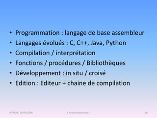 • Programmation : langage de base assembleur
• Langages évolués : C, C++, Java, Python
• Compilation / interprétation
• Fonctions / procédures / Bibliothèques
• Développement : in situ / croisé
• Edition : Editeur + chaine de compilation
©F4GMT 26/05/2018 L'Arduino pour tous ! 18
 