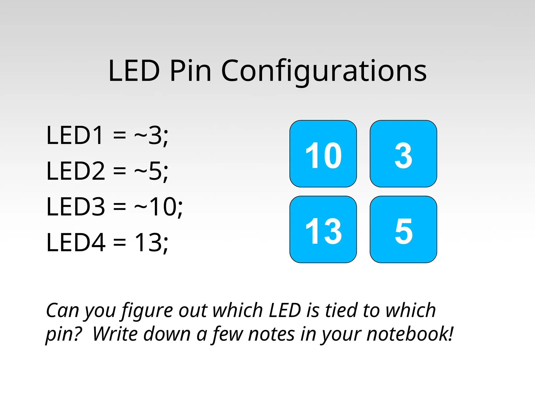 LED1 = ~3; LED2 = ~5; LED3 = ~10; LED4 = 13; Can you figure out which LED is tied to which pin? Write down a few notes in your notebook! 3 5 13 LED Pin Configurations 10 