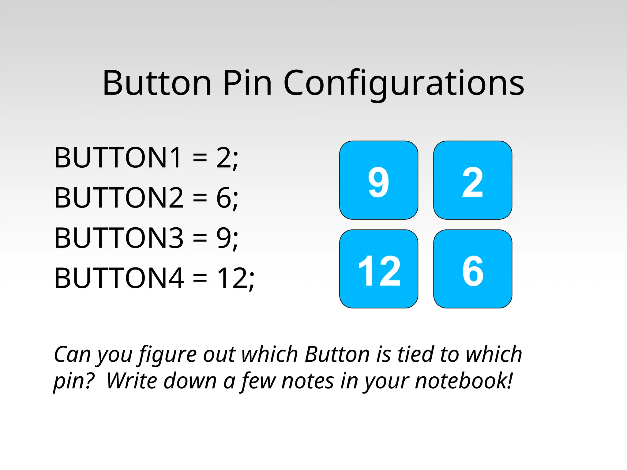 BUTTON1 = 2; BUTTON2 = 6; BUTTON3 = 9; BUTTON4 = 12; Can you figure out which Button is tied to which pin? Write down a few notes in your notebook! 2 6 12 Button Pin Configurations 9 