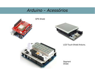 Arduino - Acessórios
LCD Touch Shield Arduino.
GPS Shield
Segment
Shield
 