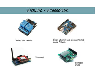Arduino - Acessórios
Shield Ethernet para acessar internet
com o Arduino.
Shield com 2 Relês
WifiShield
Bluetooth
Shield
 