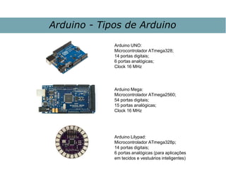 Arduino - Tipos de Arduino
Arduino Mega:
Microcontrolador ATmega2560;
54 portas digitais;
15 portas analógicas;
Clock 16 MHz
Arduino UNO:
Microcontrolador ATmega328;
14 portas digitais;
6 portas analógicas;
Clock 16 MHz
Arduino Lilypad:
Microcontrolador ATmega328p;
14 portas digitais;
6 portas analógicas (para aplicações
em tecidos e vestuários inteligentes)
 