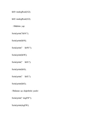 ldrS=analogRead(A2);
ldrE=analogRead(A3);
//Bildirim yap
Serial.print("ldrN:");
Serial.print(ldrN);
Serial.print(" ldrW:");
Serial.print(ldrW);
Serial.print(" ldrS:");
Serial.print(ldrS);
Serial.print(" ldrE:");
Serial.print(ldrE);
//Bulunan açı değerlerini yazdır
Serial.print(" degEW");
Serial.print(degEW);
 
