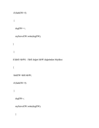if (farkEW>5)
{
degEW++;
myServoEW.write(degEW);
}
}
if (ldrE>ldrW) //ldrE değeri ldrW değerinden büyükse
{
farkEW=ldrE-ldrW;
if (farkEW>5)
{
degEW--;
myServoEW.write(degEW);
}
 