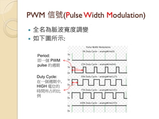 PWM 信號(Pulse Width Modulation) 
全名為脈波寬度調變 
如下圖所示: 
Duty Cycle: 
在一個週期中, HIGH 電位的 時間所占的比 例 
Period: 即一個 PWM pulse 的週期  