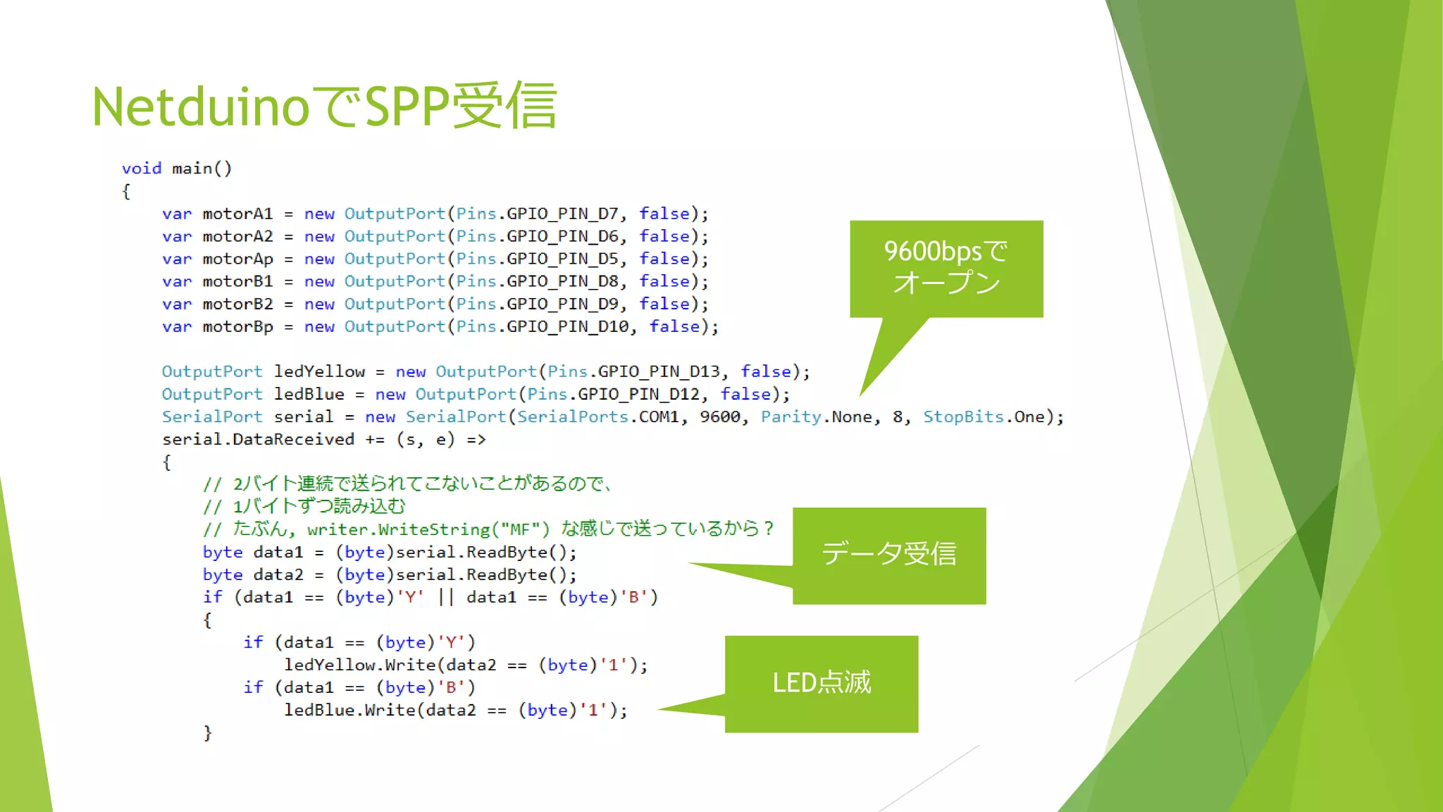 NetduinoでSPP受信
9600bpsで
オープン
データ受信
LED点滅
 