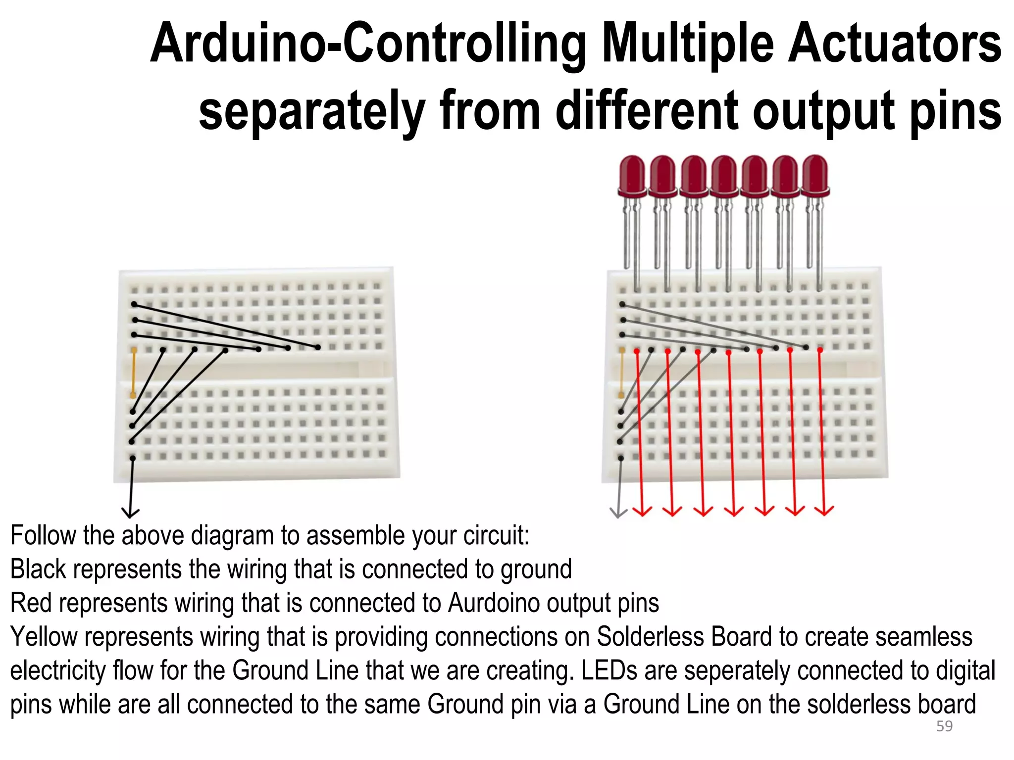 Arduino-Controlling Multiple Actuators separately from different output pins 59 Follow the above diagram to assemble your circuit: Black represents the wiring that is connected to ground Red represents wiring that is connected to Aurdoino output pins Yellow represents wiring that is providing connections on Solderless Board to create seamless electricity flow for the Ground Line that we are creating. LEDs are seperately connected to digital pins while are all connected to the same Ground pin via a Ground Line on the solderless board 