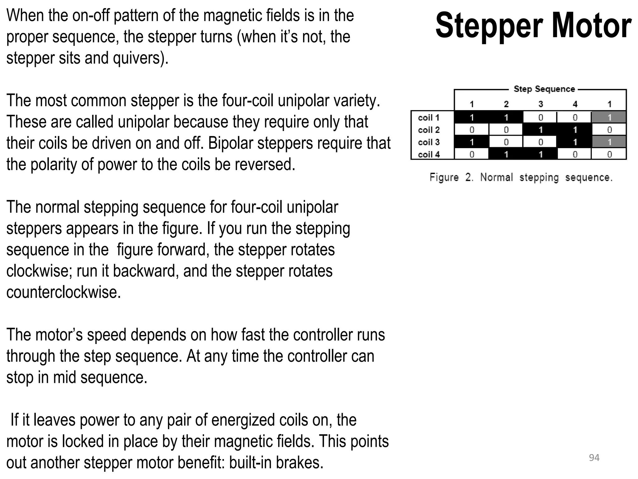When the on-off pattern of the magnetic fields is in the proper sequence, the stepper turns (when it’s not, the stepper sits and quivers). The most common stepper is the four-coil unipolar variety. These are called unipolar because they require only that their coils be driven on and off. Bipolar steppers require that the polarity of power to the coils be reversed. The normal stepping sequence for four-coil unipolar steppers appears in the figure. If you run the stepping sequence in the figure forward, the stepper rotates clockwise; run it backward, and the stepper rotates counterclockwise. The motor’s speed depends on how fast the controller runs through the step sequence. At any time the controller can stop in mid sequence. If it leaves power to any pair of energized coils on, the motor is locked in place by their magnetic fields. This points out another stepper motor benefit: built-in brakes. Stepper Motor 94 