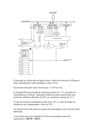 Como pode ser observado na figura acima, o bloco do conversor A/D possui
fonte separada para a parte analógica, o pino AVcc.
Essa tensão não pode variar mais do que +/-0,3V de Vcc.
O Atmega328 possui tensão de referência interna de 1,1 V, que pode ser
selecionada por software. Apresenta também um pino externo para uma
tensão de referência diferente de VCC ou a referência interna de 1,1 V.
O valor de tensão de entrada deve estar entre 0V e o valor de tensão de
referência, não ultrapassando o valor de VCC.
Ao final da conversão pode ser gerada uma interrupção, caso a mesma esteja
habilitada.
A conversão gera um resultado de 10 bits, necessitando assim de 2
registradores, ADCH e ADCL.
 