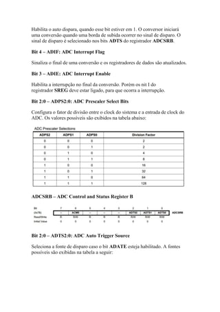Habilita o auto dispara, quando esse bit estiver em 1. O conversor iniciará
uma conversão quando uma borda de subida ocorrer no sinal de disparo. O
sinal de disparo é selecionado nos bits ADTS do registrador ADCSRB.
Bit 4 – ADIF: ADC Interrupt Flag
Sinaliza o final de uma conversão e os registradores de dados são atualizados.
Bit 3 – ADIE: ADC Interrupt Enable
Habilita a interrupção no final da conversão. Porém os nit I do
registrador SREG deve estar ligado, para que ocorra a interrupção.
Bit 2:0 – ADPS2:0: ADC Prescaler Select Bits
Configura o fator de divisão entre o clock do sistema e a entrada de clock do
ADC. Os valores possíveis são exibidos na tabela abaixo:
ADCSRB – ADC Control and Status Register B
Bit 2:0 – ADTS2:0: ADC Auto Trigger Source
Seleciona a fonte de disparo caso o bit ADATE esteja habilitado. A fontes
possíveis são exibidas na tabela a seguir:
 