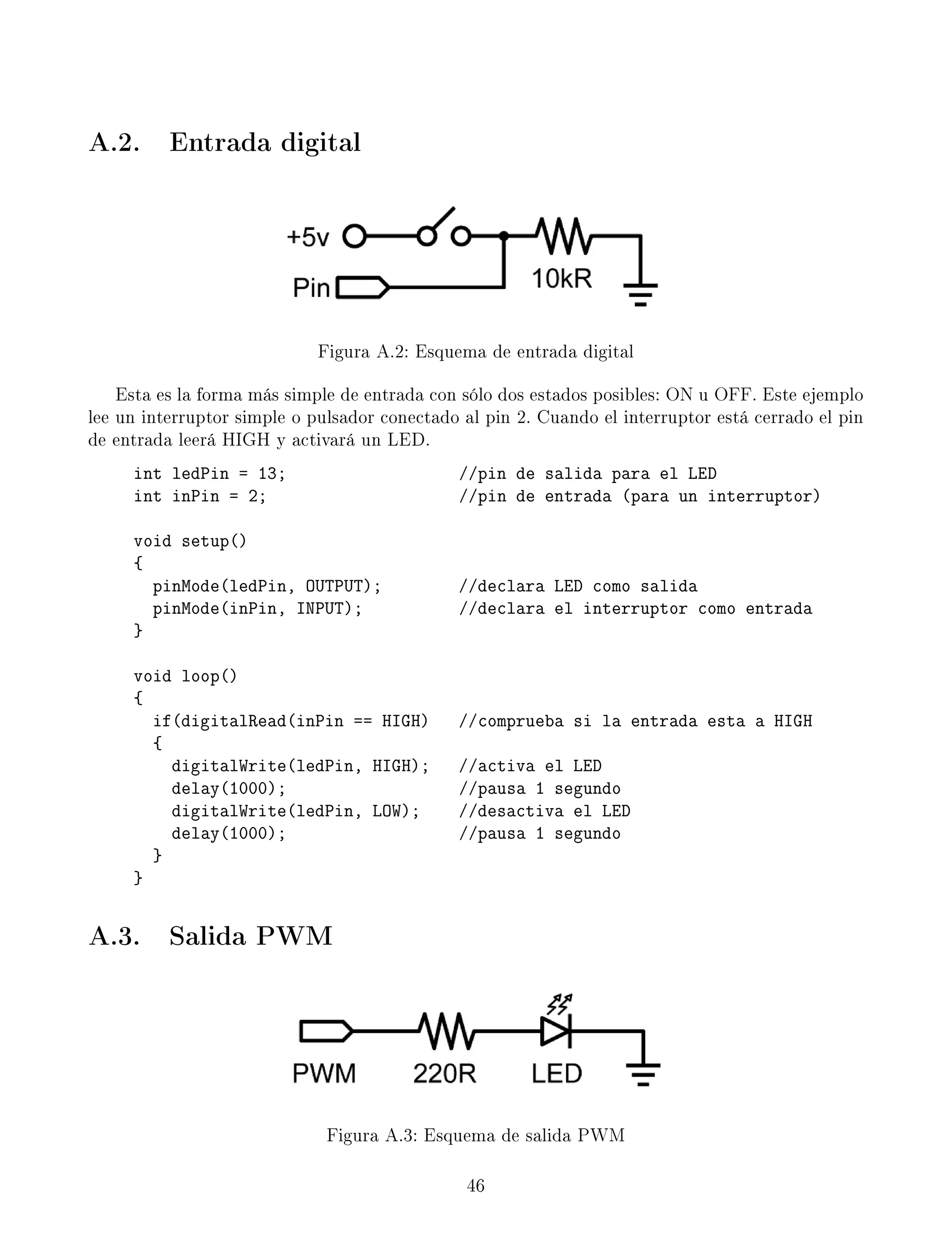 A.2. Entrada digital
Figura A.2: Esquema de entrada digital
Esta es la forma más simple de entrada con sólo dos estados posibles: ON u OFF. Este ejemplo
lee un interruptor simple o pulsador conectado al pin 2. Cuando el interruptor está cerrado el pin
de entrada leerá HIGH y activará un LED.
int ledPin = 13; //pin de salida para el LED
int inPin = 2; //pin de entrada (para un interruptor)
void setup()
{
pinMode(ledPin, OUTPUT); //declara LED como salida
pinMode(inPin, INPUT); //declara el interruptor como entrada
}
void loop()
{
if(digitalRead(inPin == HIGH) //comprueba si la entrada esta a HIGH
{
digitalWrite(ledPin, HIGH); //activa el LED
delay(1000); //pausa 1 segundo
digitalWrite(ledPin, LOW); //desactiva el LED
delay(1000); //pausa 1 segundo
}
}
A.3. Salida PWM
Figura A.3: Esquema de salida PWM
46
 