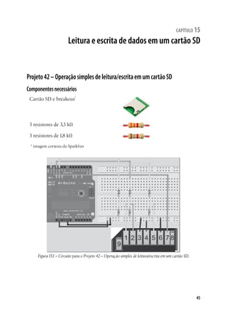 capítulo 15

Leitura e escrita de dados em um cartão SD

Projeto 42 – Operação simples de leitura/escrita em um cartão SD
Componentes necessários
Cartão SD e breakout*

3 resistores de 3,3 kΩ
3 resistores de 1,8 kΩ
* imagem cortesia da Sparkfun

Figura 15.1 – Circuito para o Projeto 42 – Operação simples de leitura/escrita em um cartão SD.

45

 
