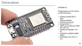 Outras placas
ESP8266-12:
Programação em LUA, Python
ou IDE do Arduino.
• Wireless padrão 802.11
b/g/n
Antena embutida
• Conector micro-usb
• Portas GPIO: 11
• GPIO com funções de PWM,
I2C, SPI, etc
• Tensão de operação: 4,5 ~
9V
• Conversor analógico digital
(ADC)
• Dimensões: 49 x 25,5 x 7
mm
25
 