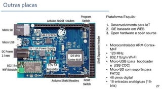 Outras placas
27
Plataforma Esquilo:
1. Desenvolvimento para IoT
2. IDE baseada em WEB
3. Open hardware e open source
• Microcontrolador ARM Cortex-
M4F
• 120 MHz
• 802.11b/g/n Wi-Fi
• Micro-USB (para bootloader
e USB CDC)
• Micro-SD com suporte para
FAT32
• 46 pinos digital
• 16 entradas analógicas (16-
bits)
 