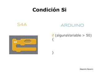 Condición Si

S4A              ARDUINO

            if (algunaVariable > 50)
            {



            }



                            Alejandro Navarro
 
