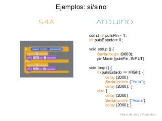 Ejemplos: si/sino

S4A                  Arduino
                 const int pulsPin = 1;
                 int pulsEstado = ...
