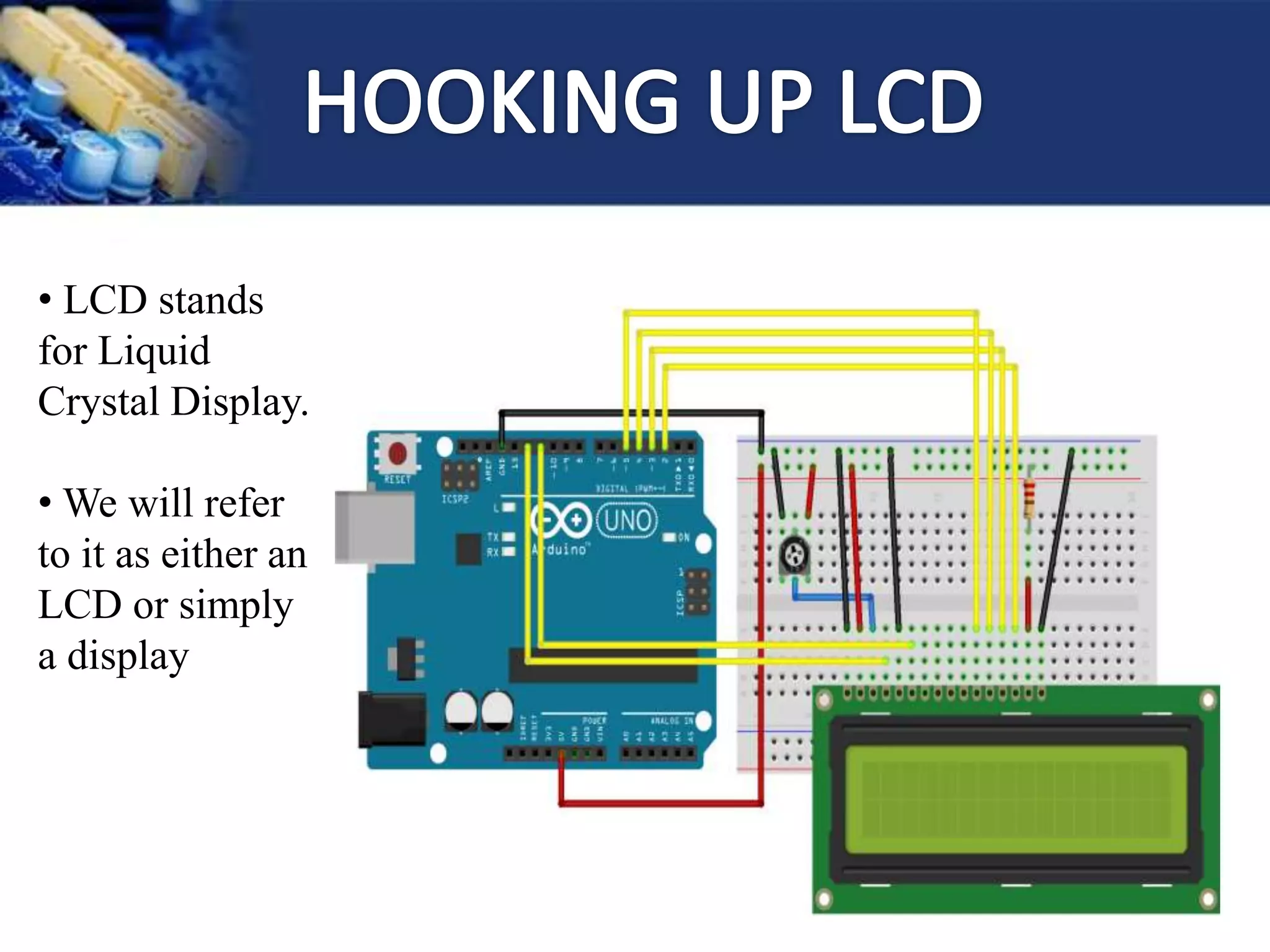 • LCD stands
for Liquid
Crystal Display.
• We will refer
to it as either an
LCD or simply
a display
 