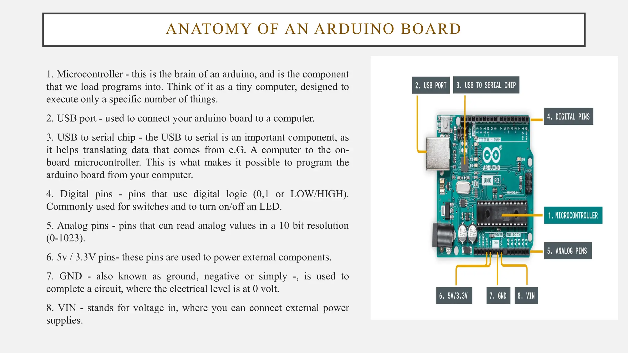 ANATOMY OF AN ARDUINO BOARD
1. Microcontroller - this is the brain of an arduino, and is the component
that we load programs into. Think of it as a tiny computer, designed to
execute only a specific number of things.
2. USB port - used to connect your arduino board to a computer.
3. USB to serial chip - the USB to serial is an important component, as
it helps translating data that comes from e.G. A computer to the on-
board microcontroller. This is what makes it possible to program the
arduino board from your computer.
4. Digital pins - pins that use digital logic (0,1 or LOW/HIGH).
Commonly used for switches and to turn on/off an LED.
5. Analog pins - pins that can read analog values in a 10 bit resolution
(0-1023).
6. 5v / 3.3V pins- these pins are used to power external components.
7. GND - also known as ground, negative or simply -, is used to
complete a circuit, where the electrical level is at 0 volt.
8. VIN - stands for voltage in, where you can connect external power
supplies.
 
