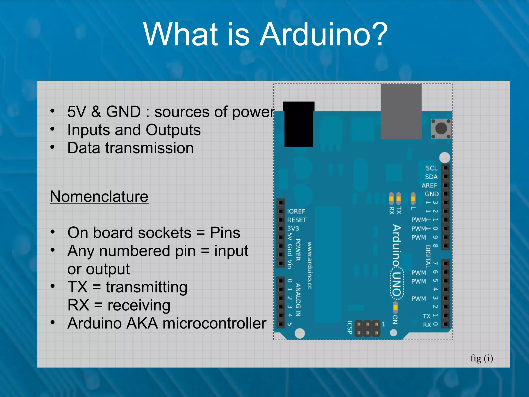 What is Arduino? • 5V & GND : sources of power • Inputs and Outputs • Data transmission Nomenclature • On board sockets = Pins • Any numbered pin = input or output • TX = transmitting RX = receiving • Arduino AKA microcontroller fig (i) 
