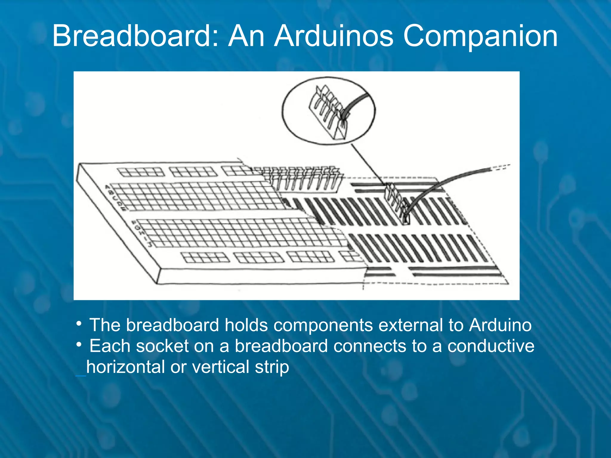 Breadboard: An Arduinos Companion  The breadboard holds components external to Arduino  Each socket on a breadboard connects to a conductive _horizontal or vertical strip 