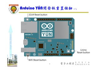 shapethefuture
電子工程系
應 用 電 子 組
電 腦 遊 戲 設 計 組
Arduino YÚN開發板重置按鈕 1/3
8
WiFi Reset button
32U4 Reset button
Linino
Reset button
 
