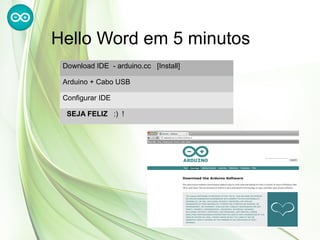 Hello Word em 5 minutos
 Download IDE - arduino.cc [Install]

 Arduino + Cabo USB

 Configurar IDE

  SEJA FELIZ :) !
 